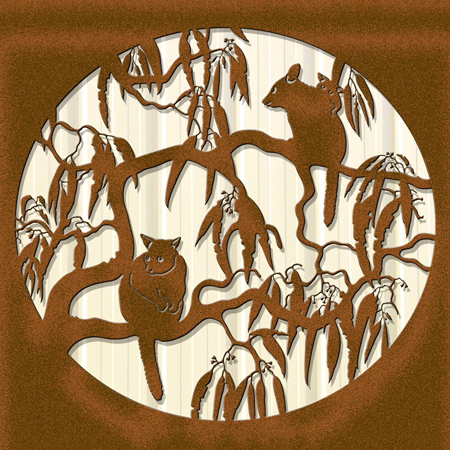 Rustic large metal art image of three possums on gum tree branches in Corten weathering steel