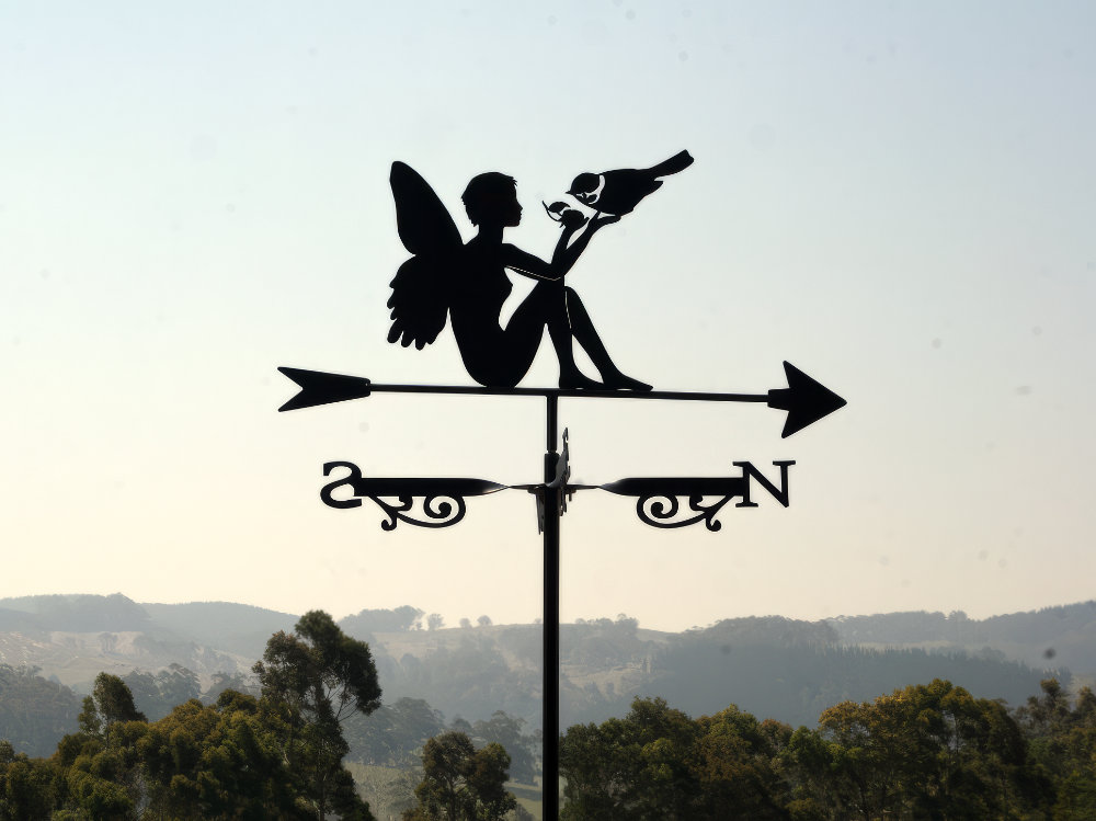 Fairy Weathervane Fantasy weathervane featuring a fairy feeding a raspberry to a little bird.