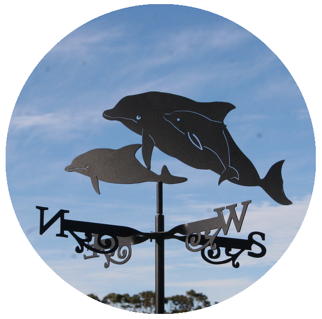 Custom made weathervane featuring 2 adult Port Phillip dolphins and one juvenile dolphin. Large 1200mm stainless steel weathervane.