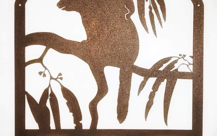 Personalised metal art house sign featuring a possum, gum leaves and the address.