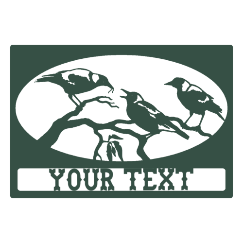 Personalised metal art sign for farm, house or business featuring a magpie family on a gum tree branch and customisable text field.