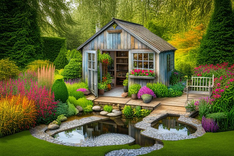 7b77e15c-855e-48cb-9adb-7b94646eaffb Cottage garden with rustic wooden building and beautiful pond