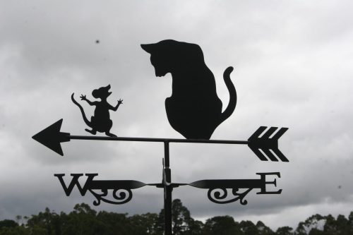 Weathervane made in Australia featuring a cat staring at a panicked mouse